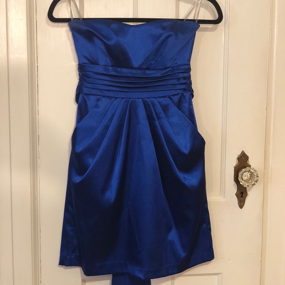 Royal blue short satin tulip cocktail dress.